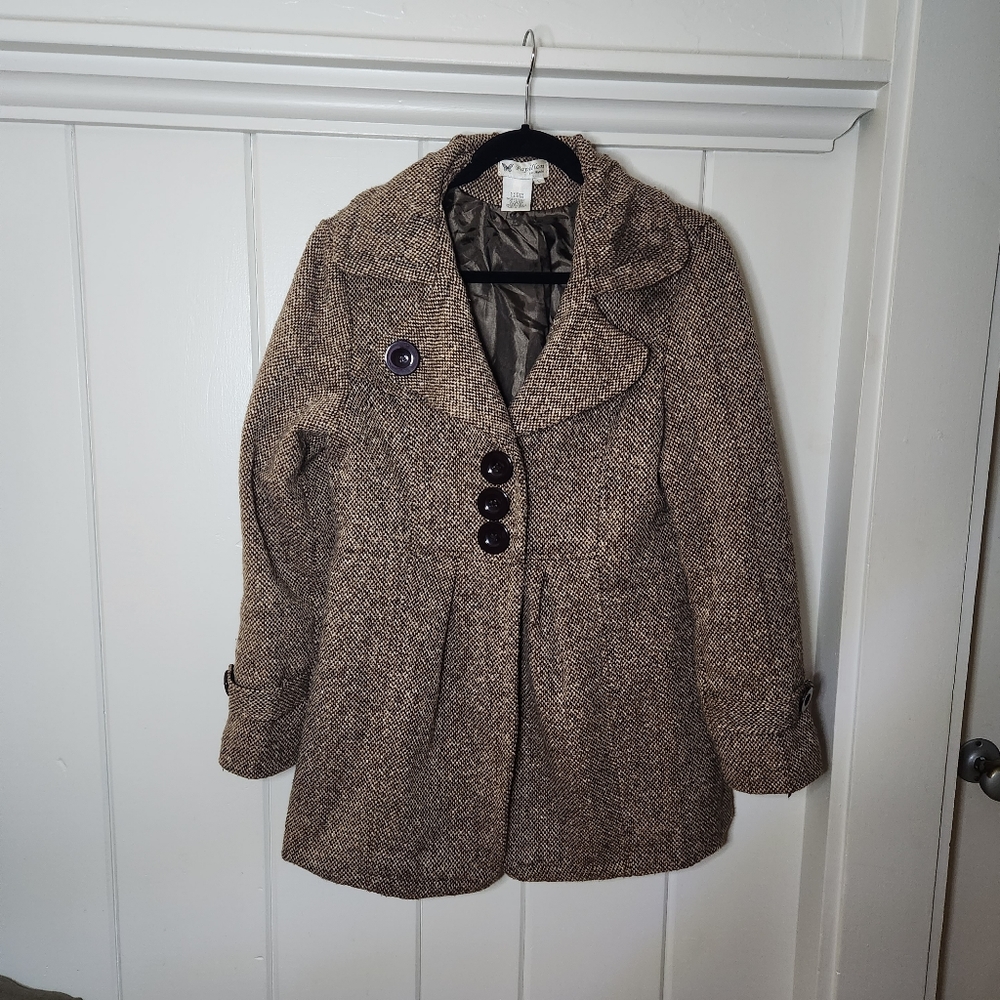 Papillon Brown Tweed Coat Size Large